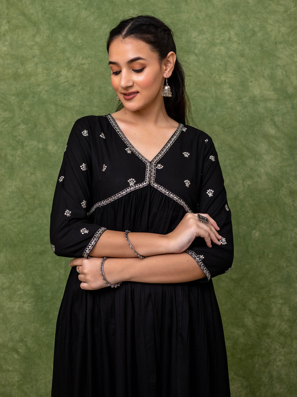 Embroidered Black Alia cut Kurta sets.