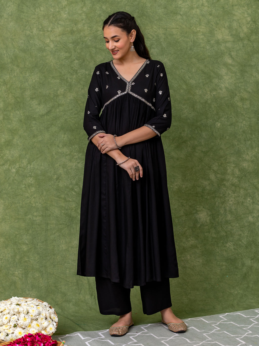 Embroidered Black Alia cut Kurta sets.