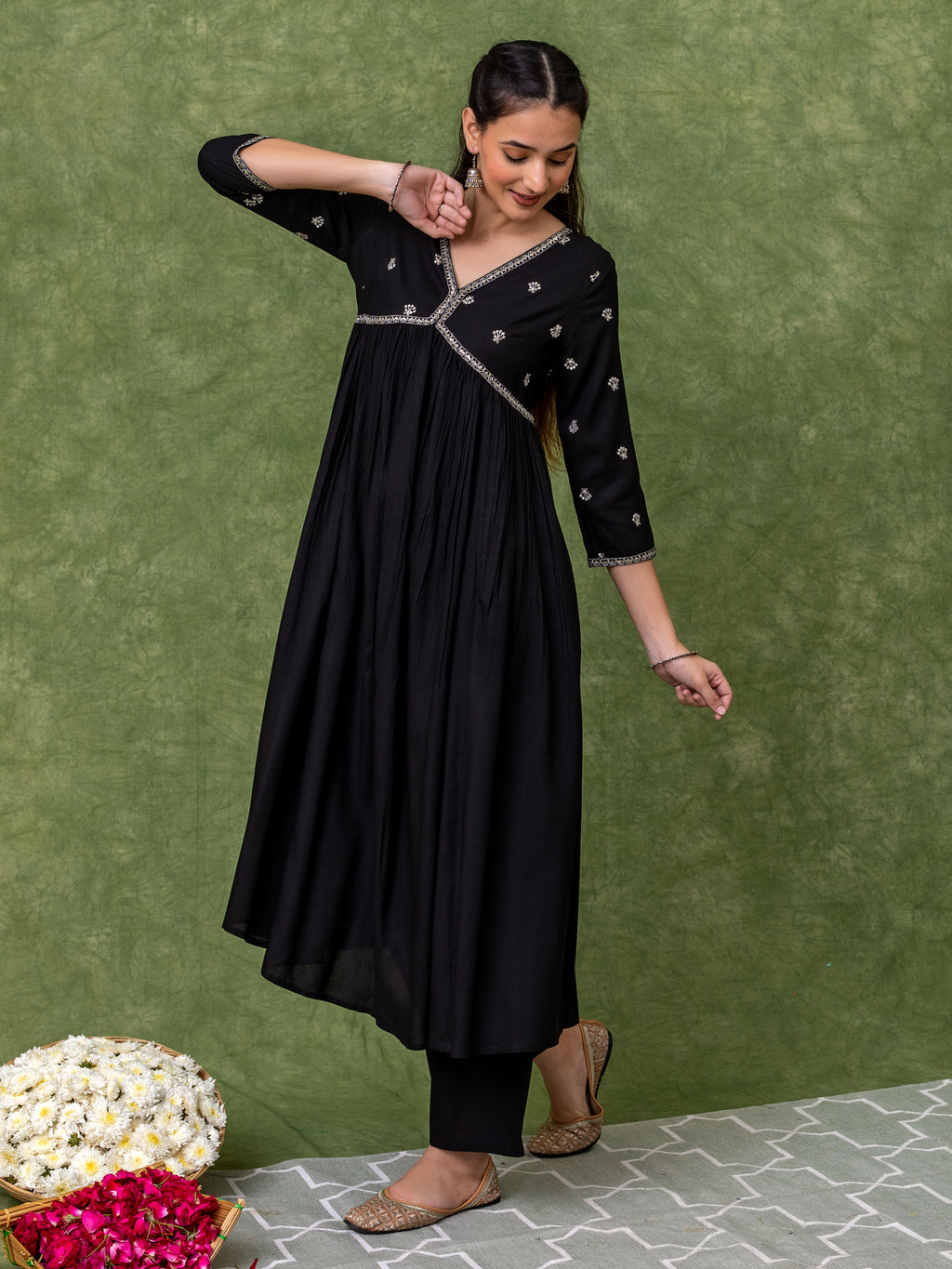 Embroidered Black Alia cut Kurta sets.