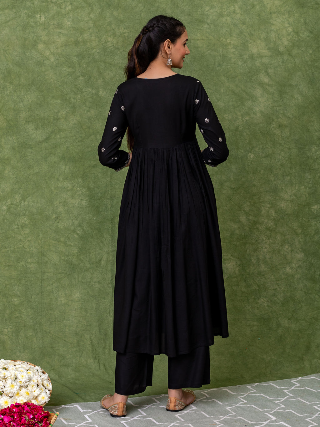 Embroidered Black Alia cut Kurta sets.