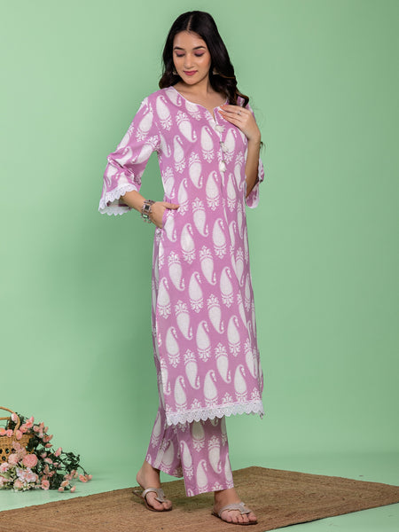 Lavender Cotton A-line Floral Printed Kurta Set