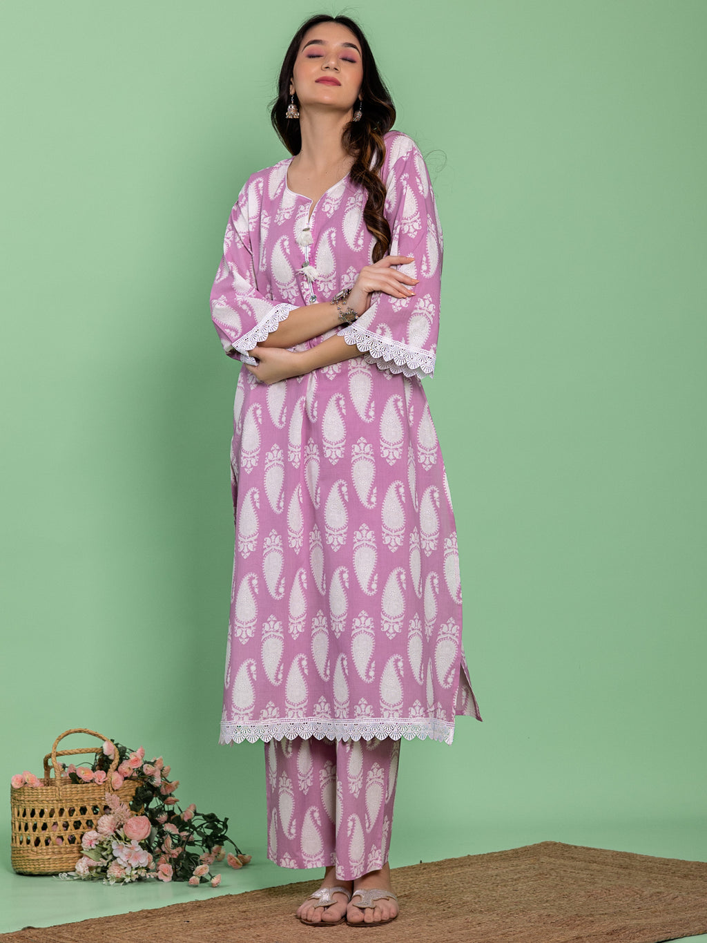 Lavender Cotton A-line Floral Printed Kurta Set