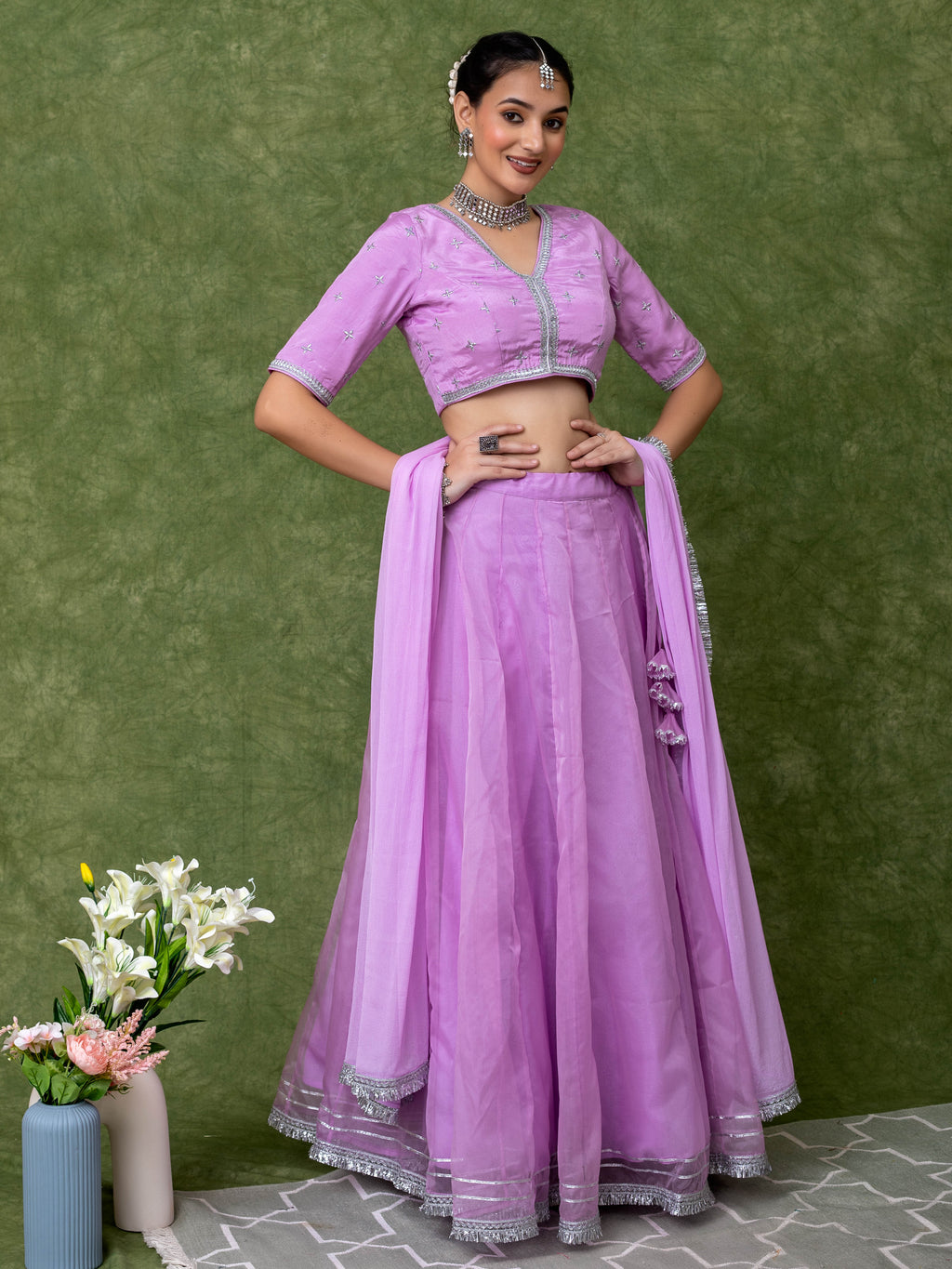 Lavender Lehenga Set with All-Over Silver Embroidery and Lace Blouse