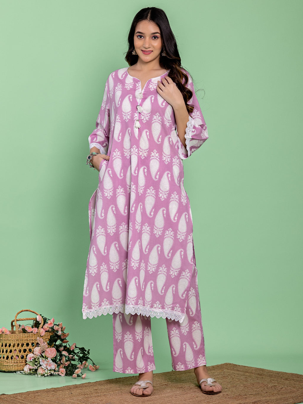 Lavender Cotton A-line Floral Printed Kurta Set