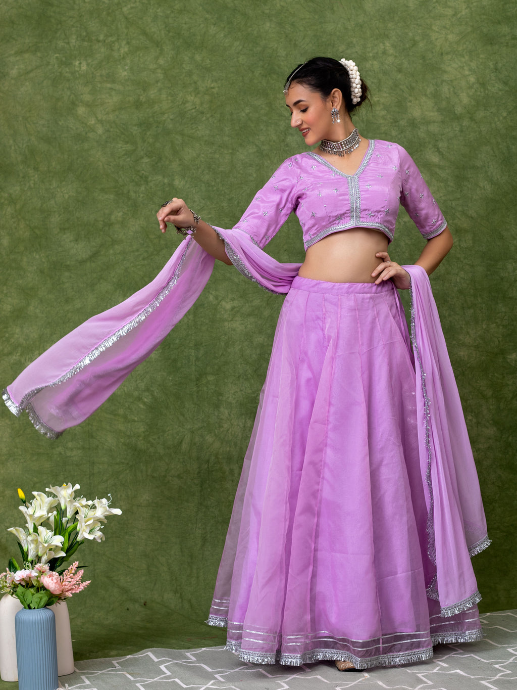 Lavender Lehenga Set with All-Over Silver Embroidery and Lace Blouse