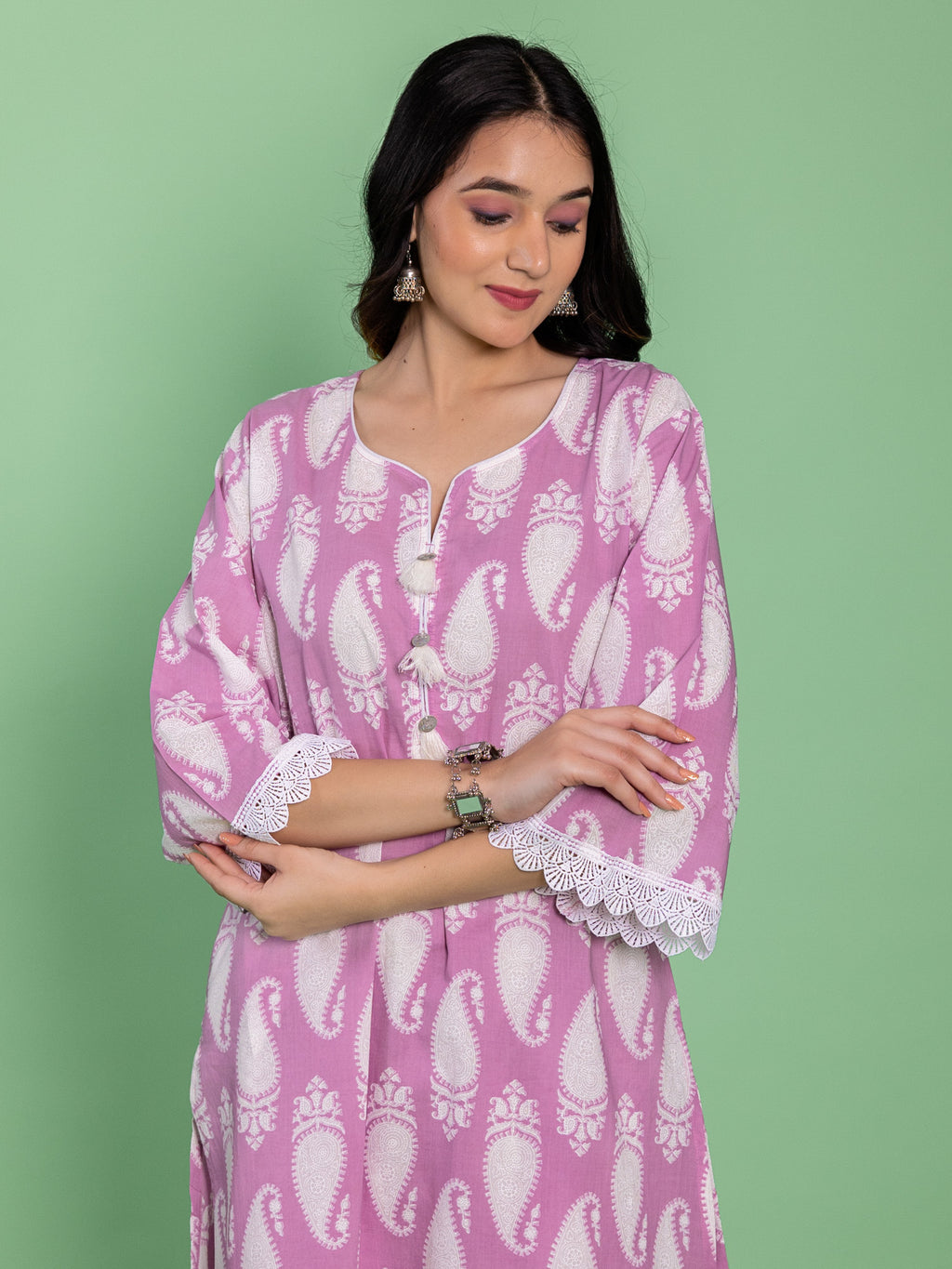 Lavender Cotton A-line Floral Printed Kurta Set