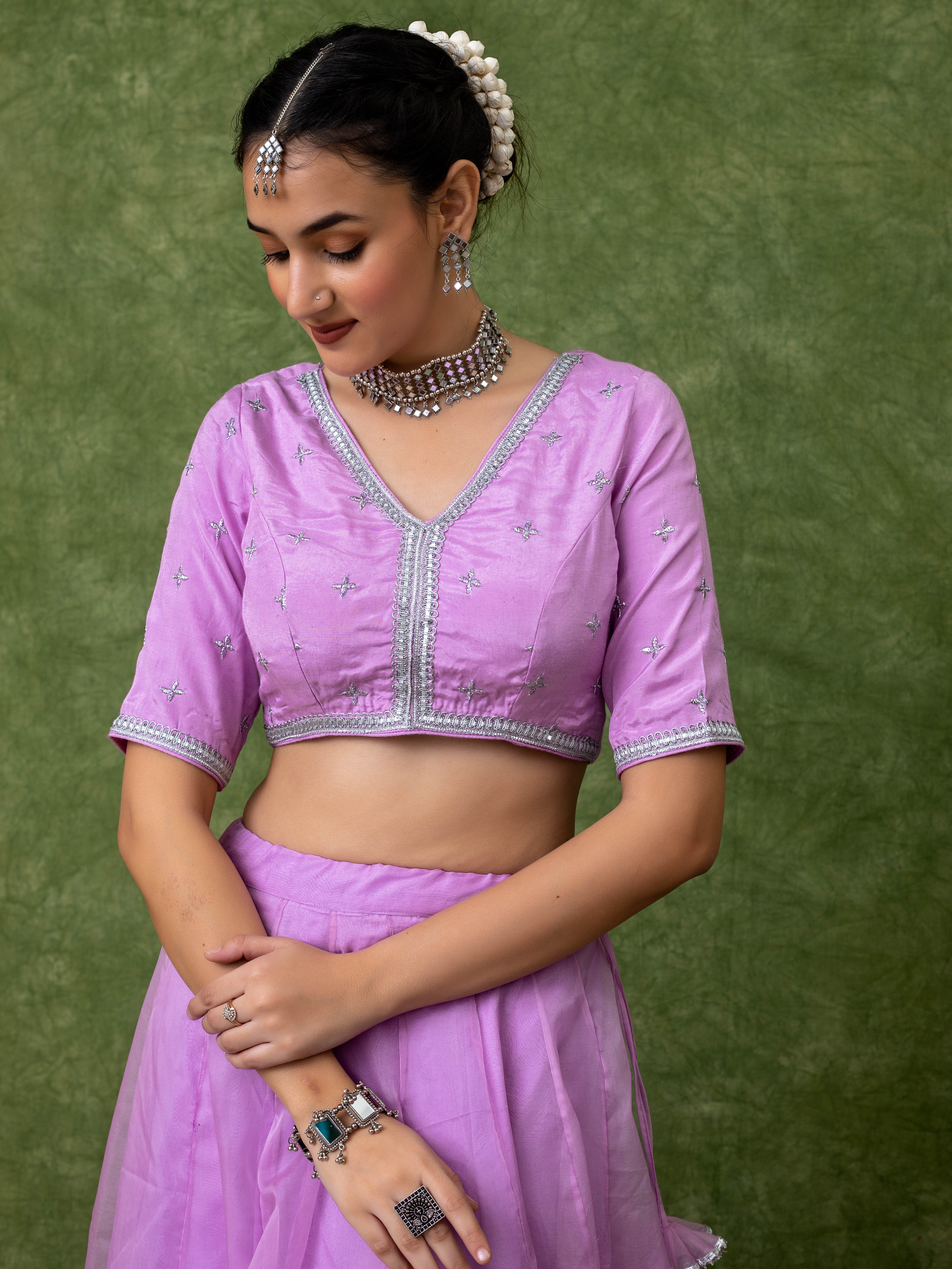 Lavender Lehenga Set with All-Over Silver Embroidery and Lace Blouse