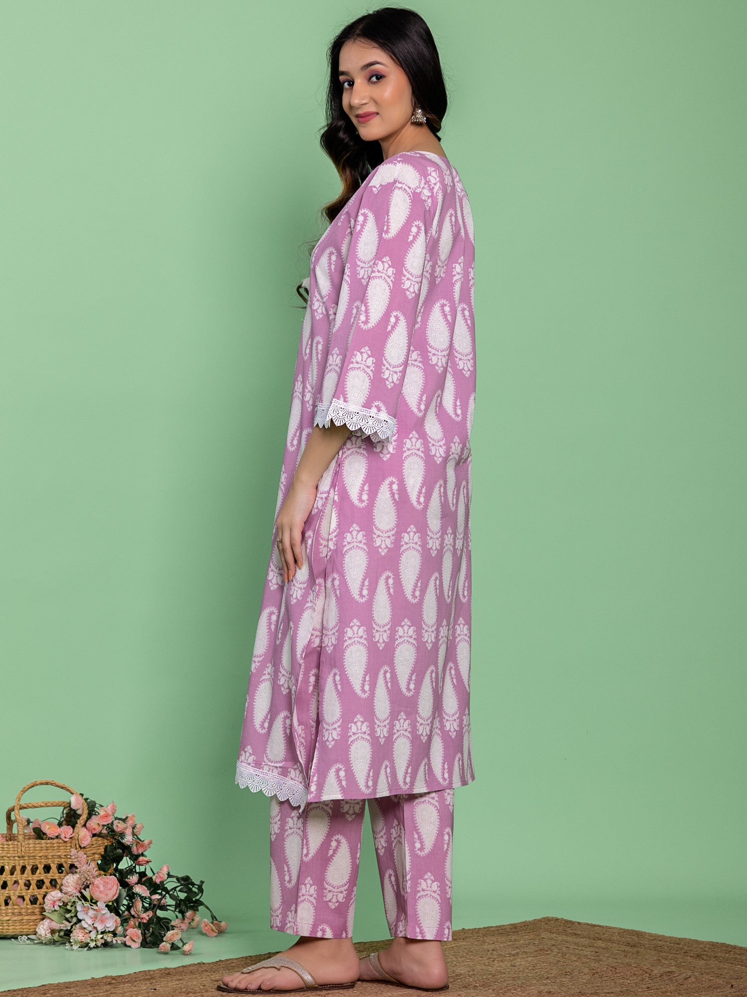 Lavender Cotton A-line Floral Printed Kurta Set