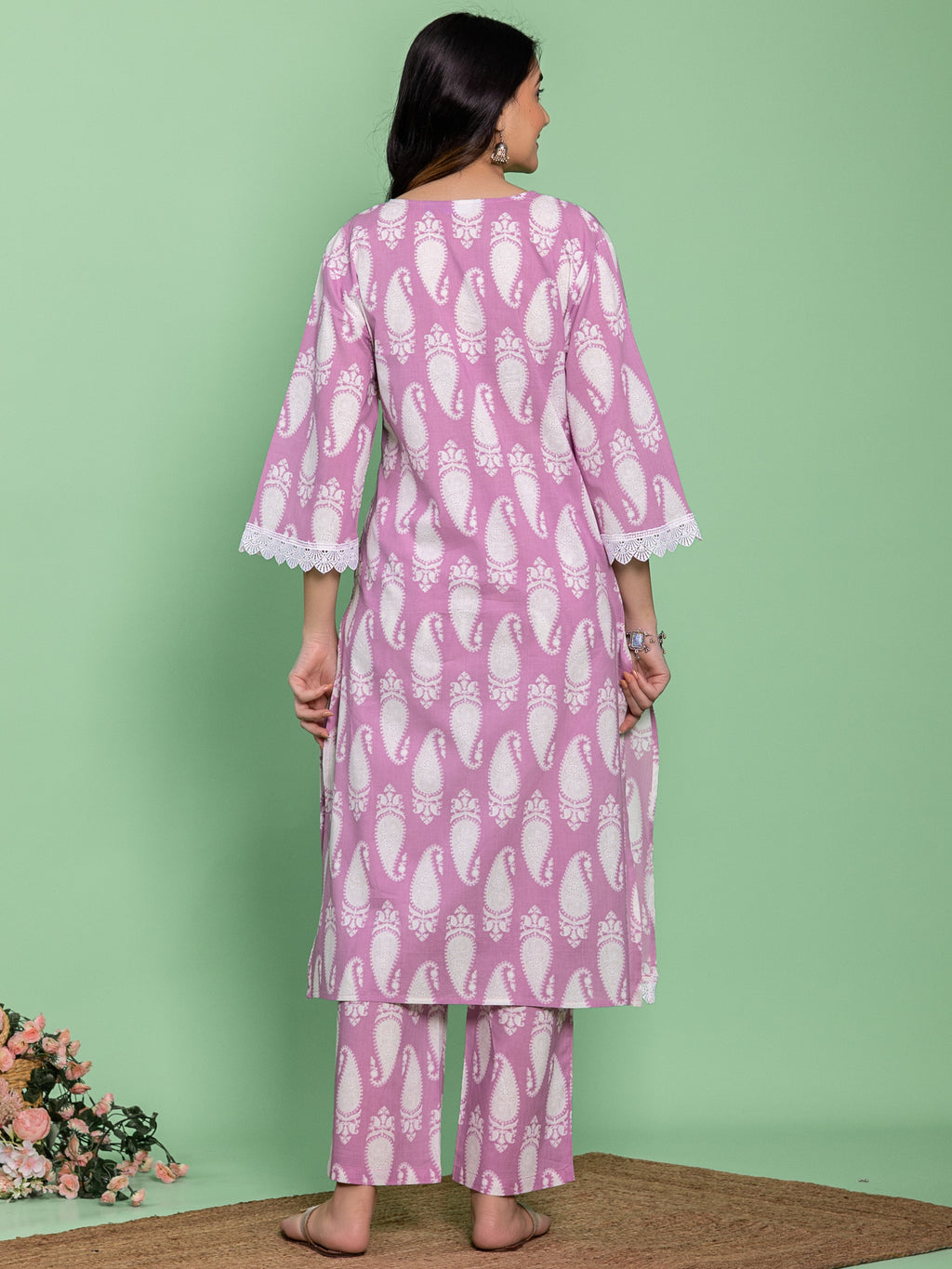 Lavender Cotton A-line Floral Printed Kurta Set