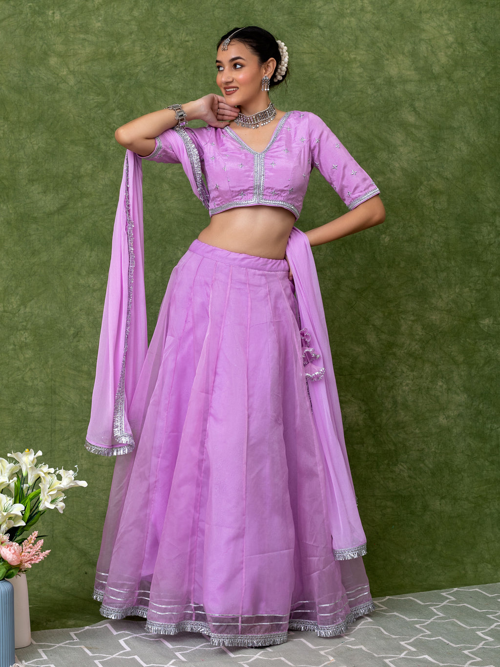 Lavender Lehenga Set with All-Over Silver Embroidery and Lace Blouse