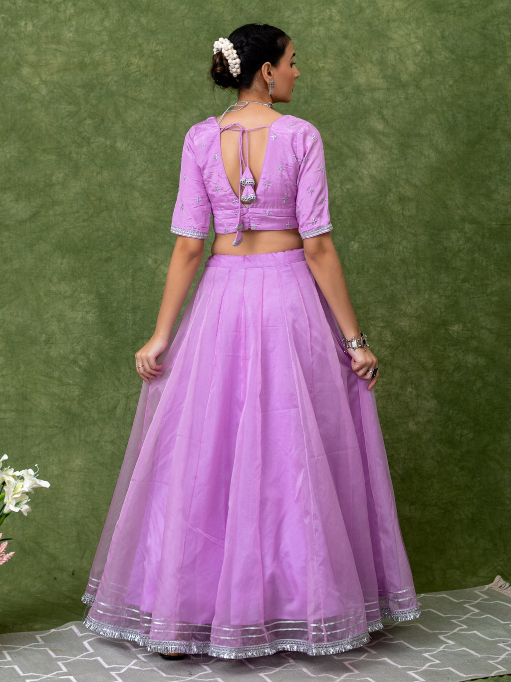 Lavender Lehenga Set with All-Over Silver Embroidery and Lace Blouse