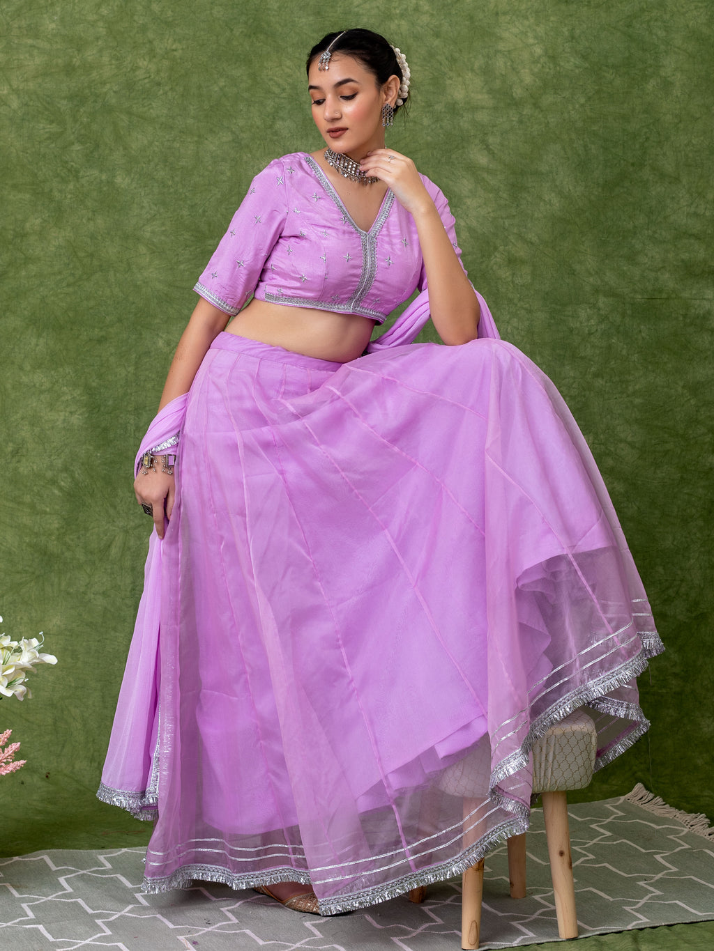 Lavender Lehenga Set with All-Over Silver Embroidery and Lace Blouse