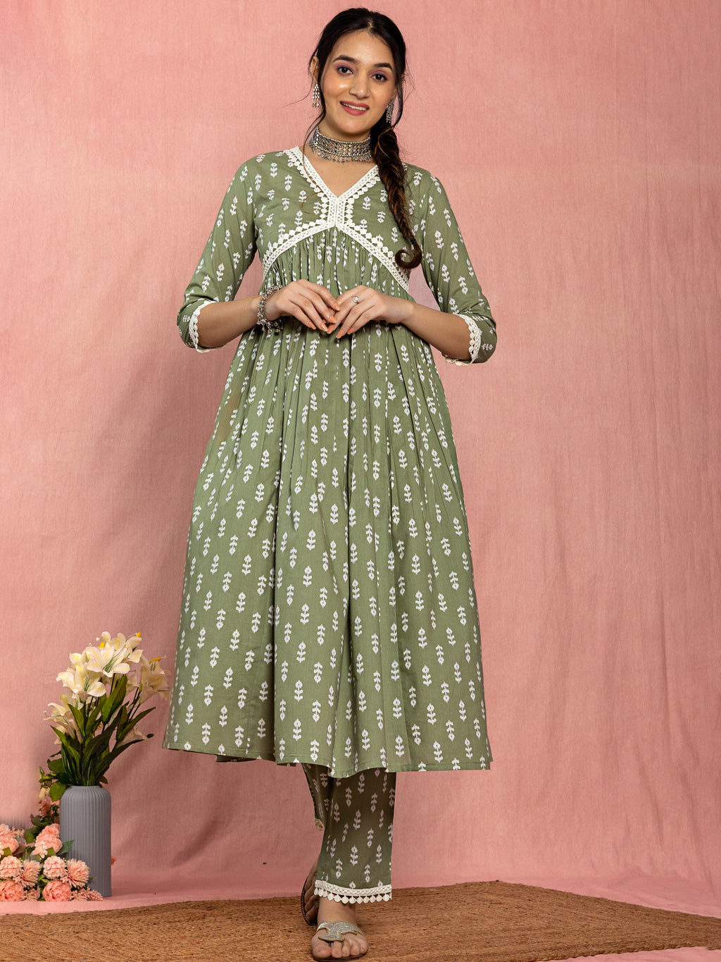 Green Cotton A-line Angrakha Kurta Set