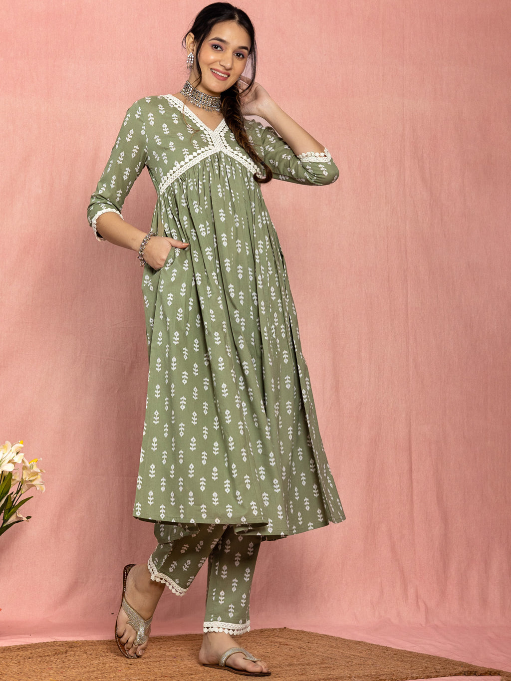 Green Cotton A-line Angrakha Kurta Set