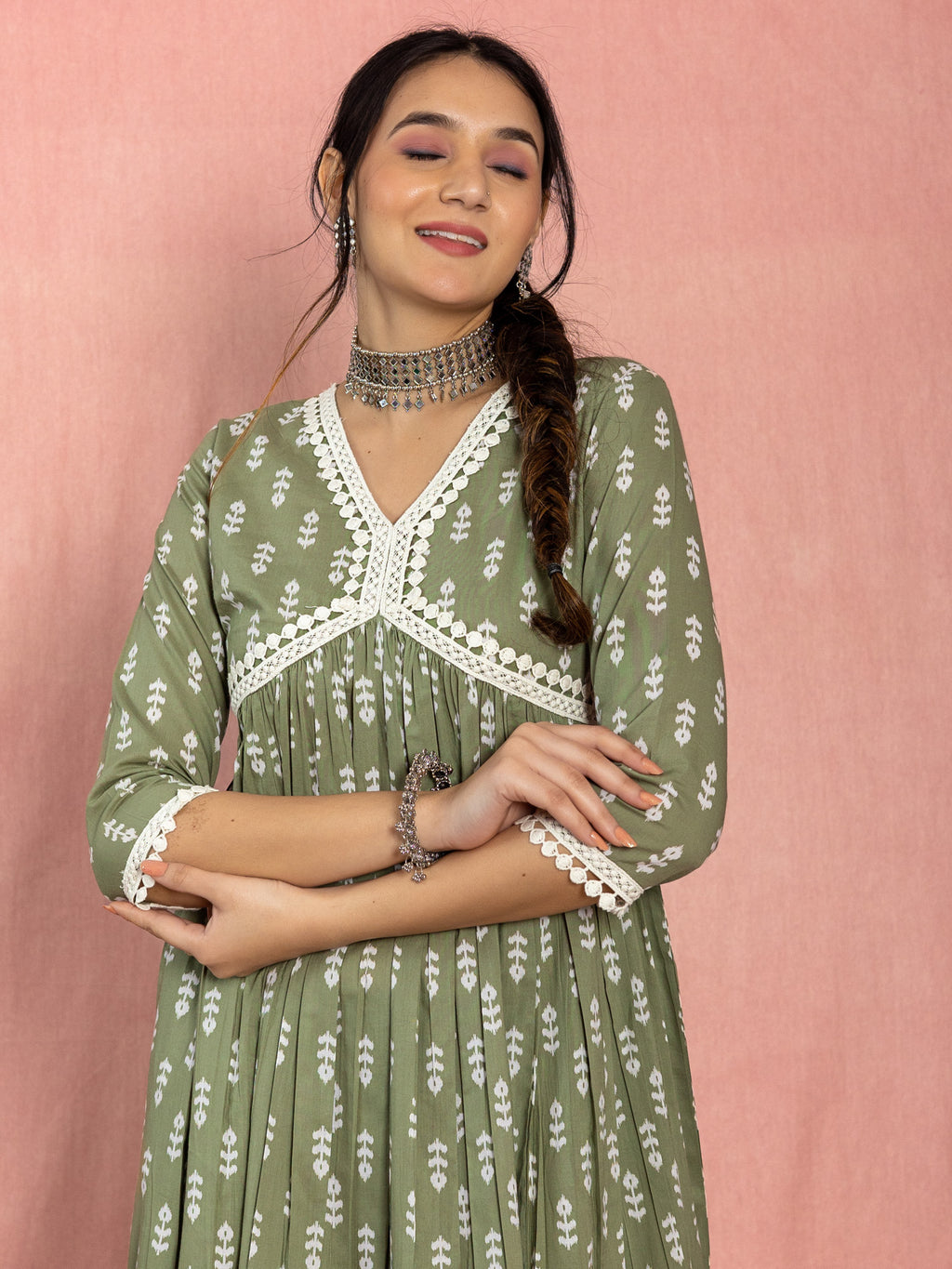 Green Cotton A-line Angrakha Kurta Set