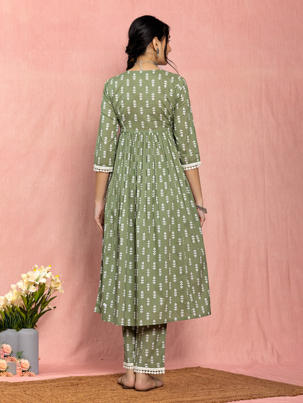 Green Cotton A-line Angrakha Kurta Set