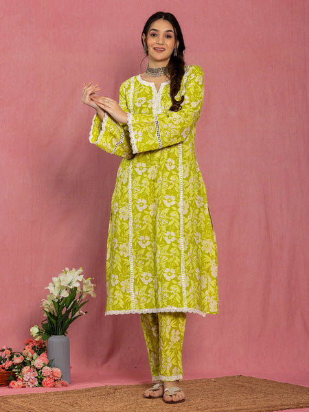 Green Cotton Relaxed Fit A-line Floral Printed Kurta Set