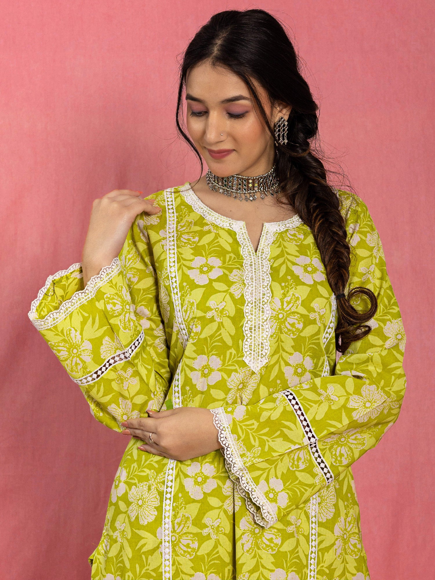 Green Cotton Relaxed Fit A-line Floral Printed Kurta Set
