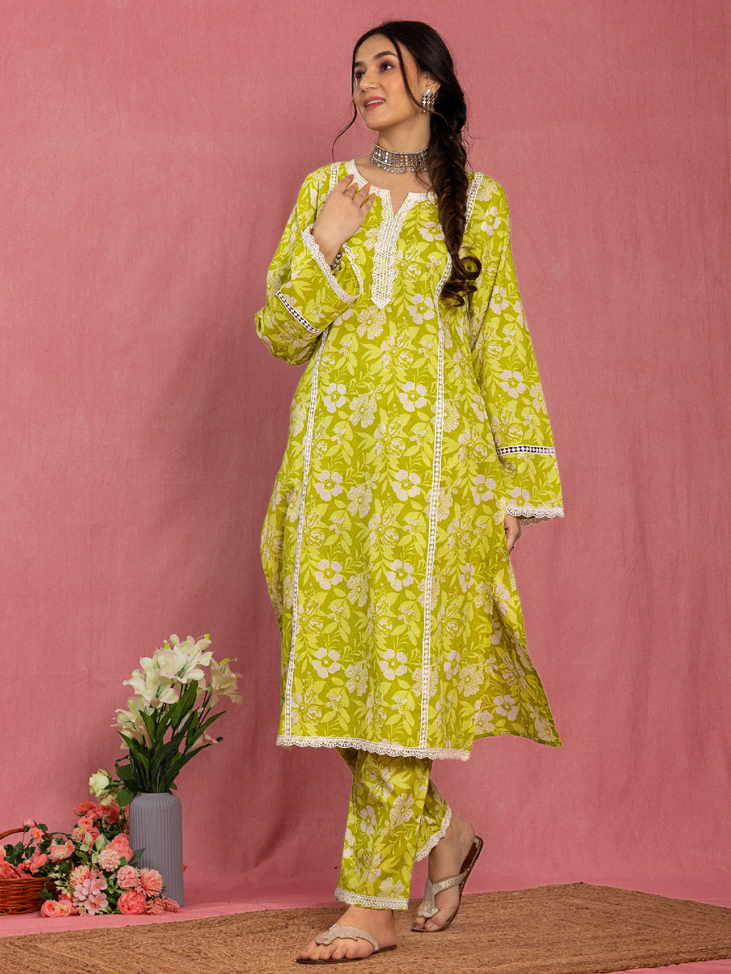 Green Cotton Relaxed Fit A-line Floral Printed Kurta Set