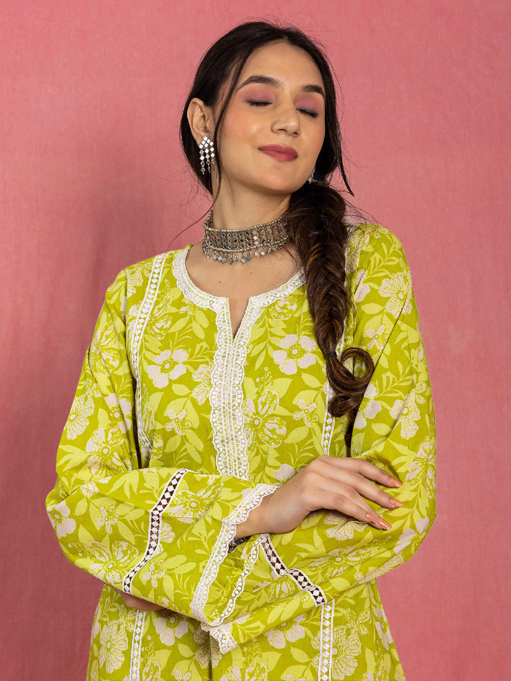 Green Cotton Relaxed Fit A-line Floral Printed Kurta Set