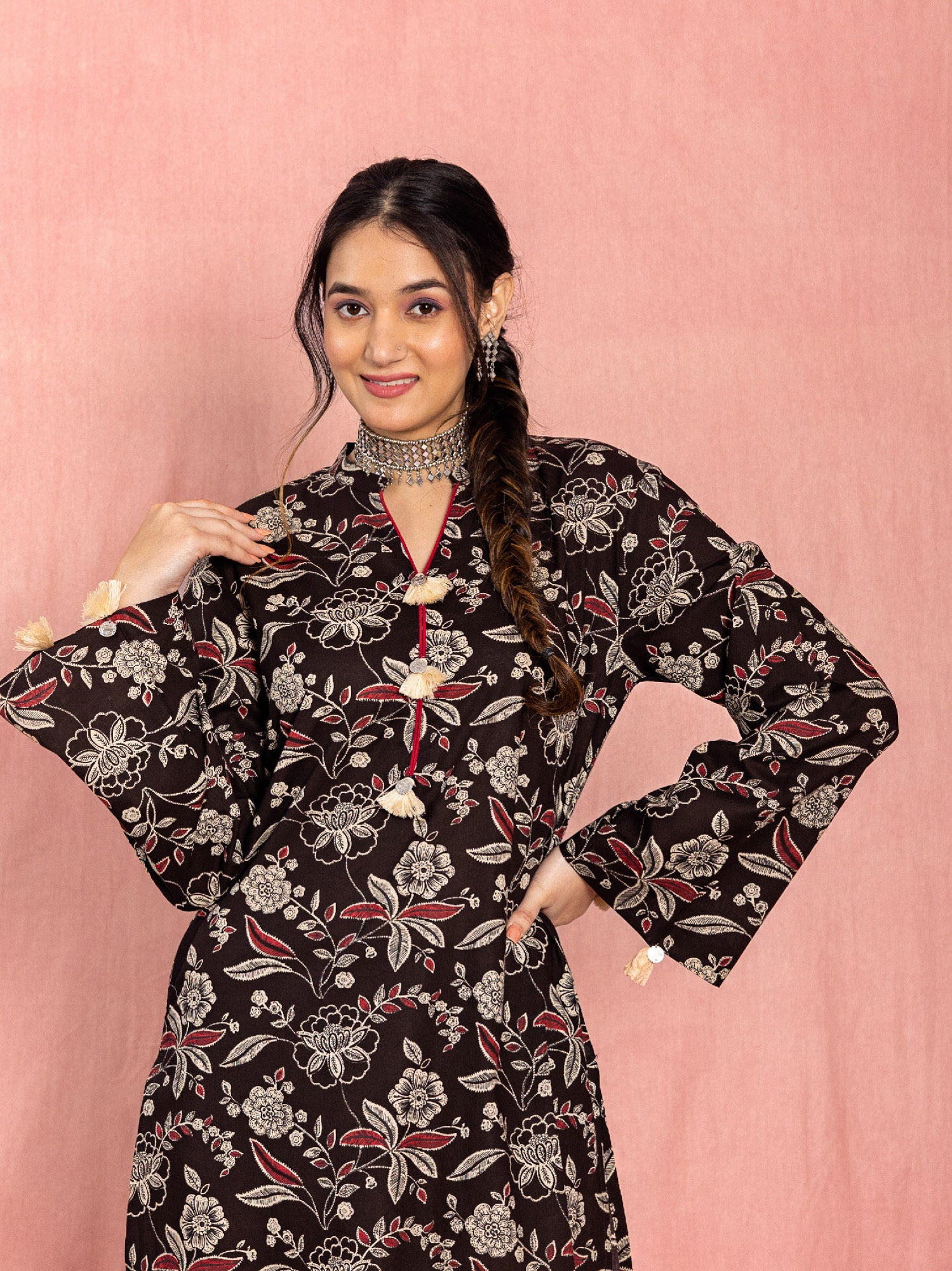 Black Cotton Relaxed Fit A-line Floral Printed Kurta Set With Tassel Detail