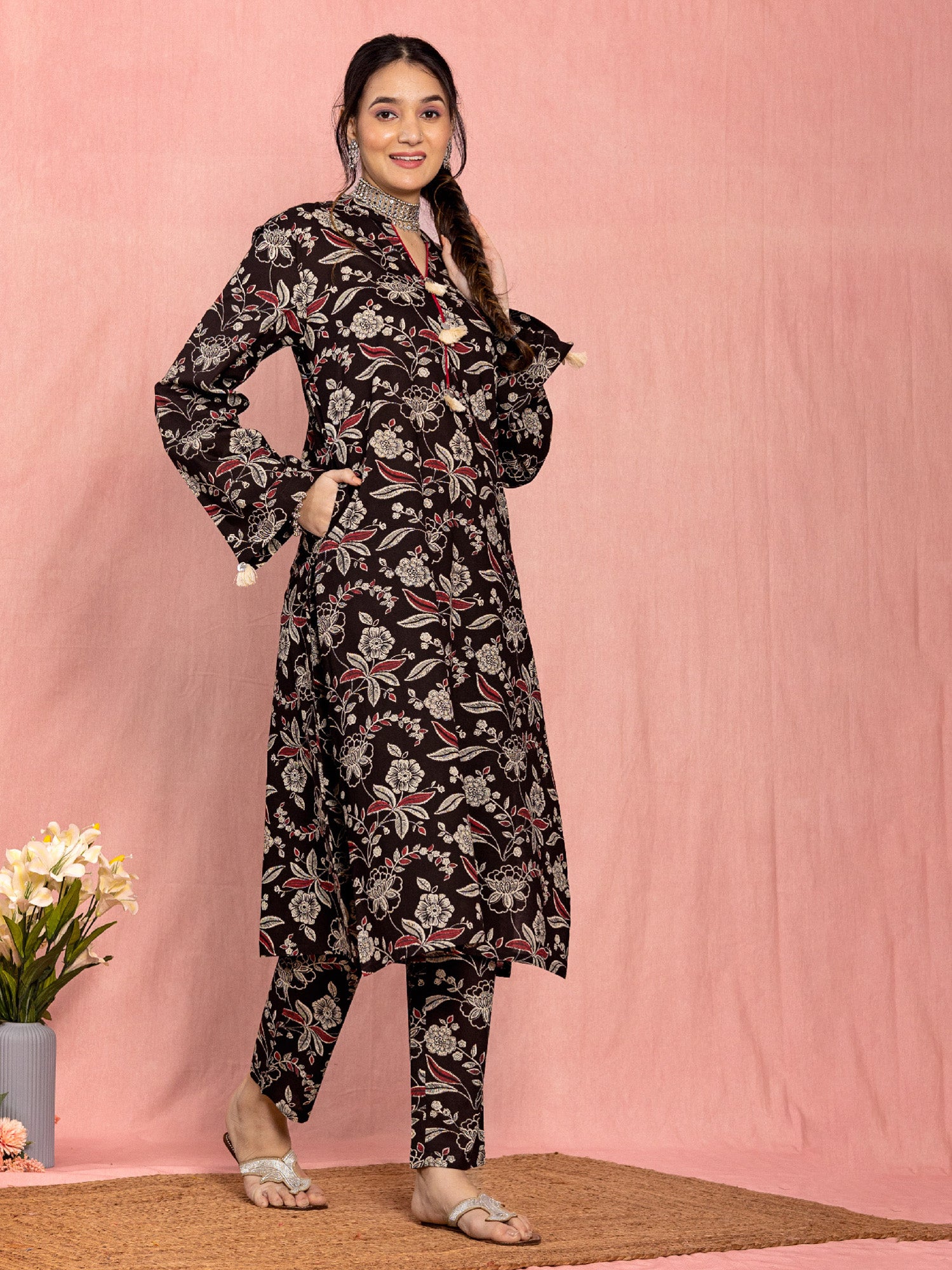 Black Cotton Relaxed Fit A-line Floral Printed Kurta Set With Tassel Detail