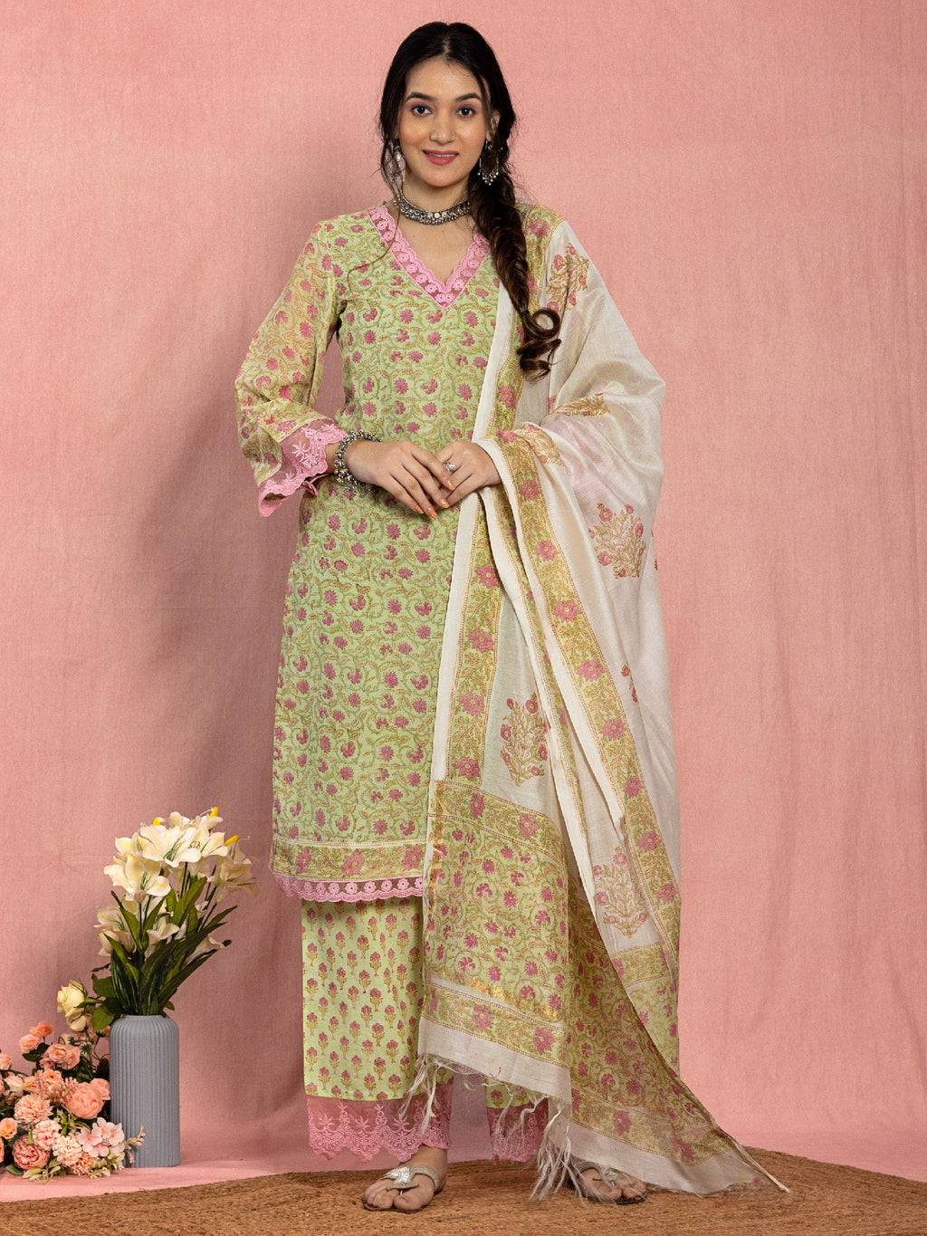 Pastel Green Chanderi Relaxed Fit A-line Floral Printed Kurta Set