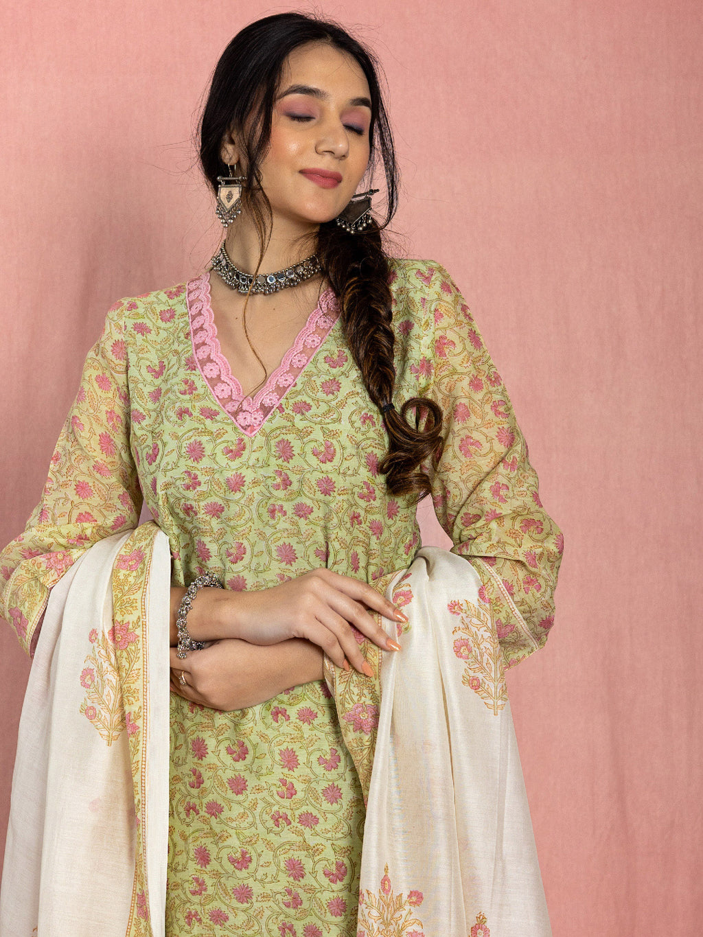 Pastel Green Chanderi Relaxed Fit A-line Floral Printed Kurta Set