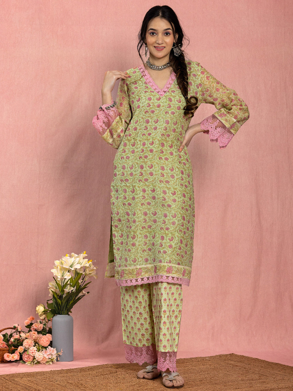 Pastel Green Chanderi Relaxed Fit A-line Floral Printed Kurta Set