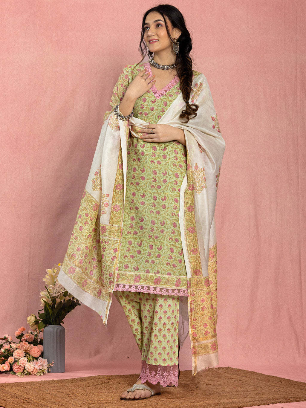 Pastel Green Chanderi Relaxed Fit A-line Floral Printed Kurta Set