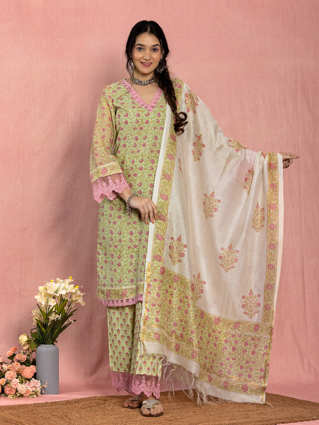 Pastel Green Chanderi Relaxed Fit A-line Floral Printed Kurta Set