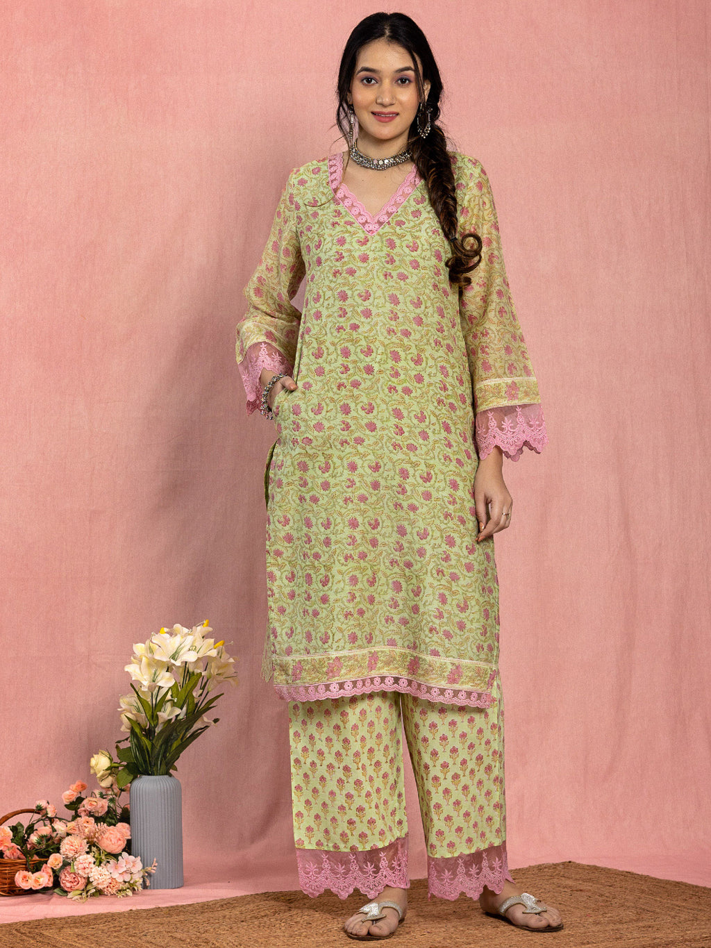 Pastel Green Chanderi Relaxed Fit A-line Floral Printed Kurta Set