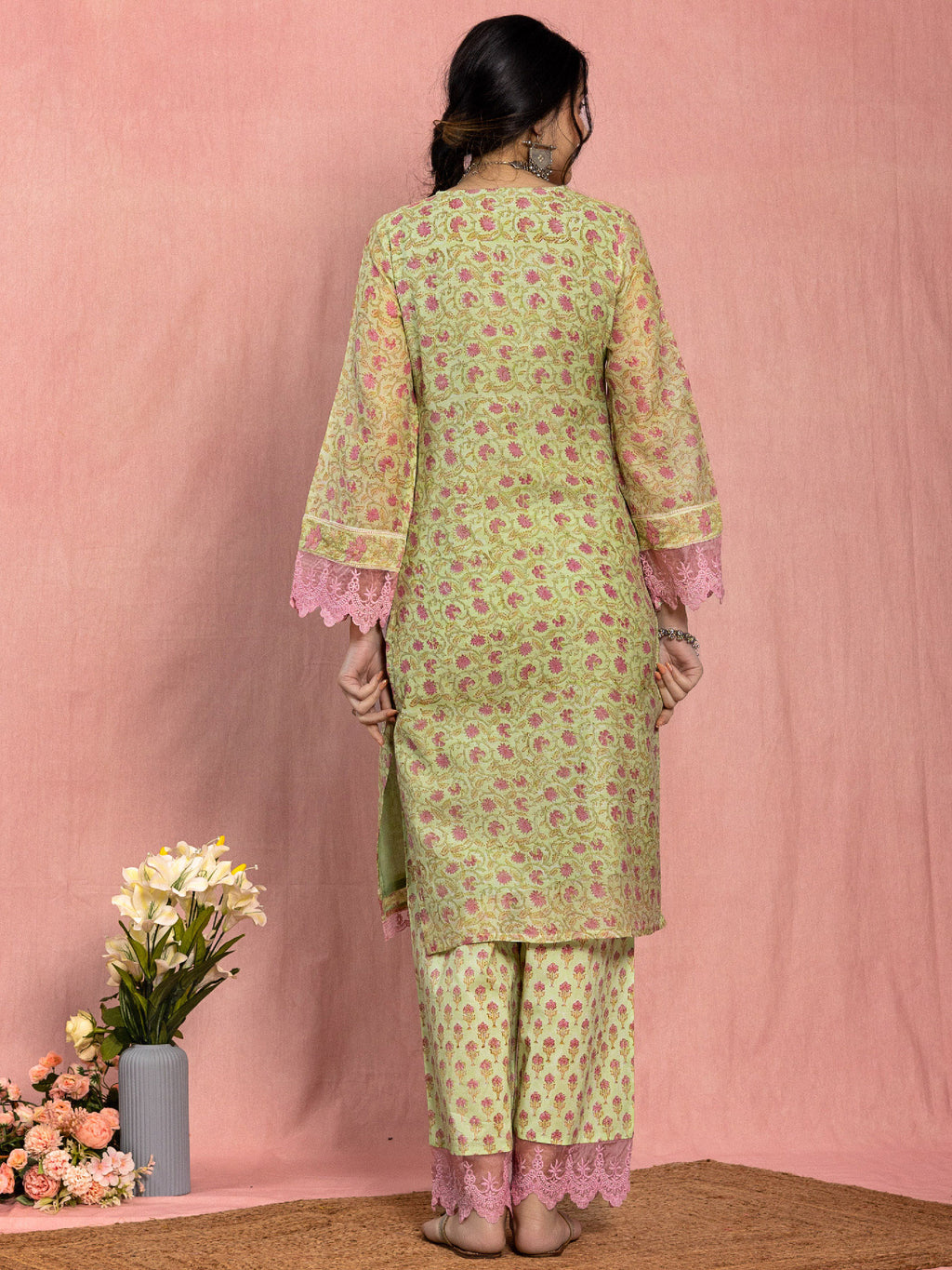 Pastel Green Chanderi Relaxed Fit A-line Floral Printed Kurta Set