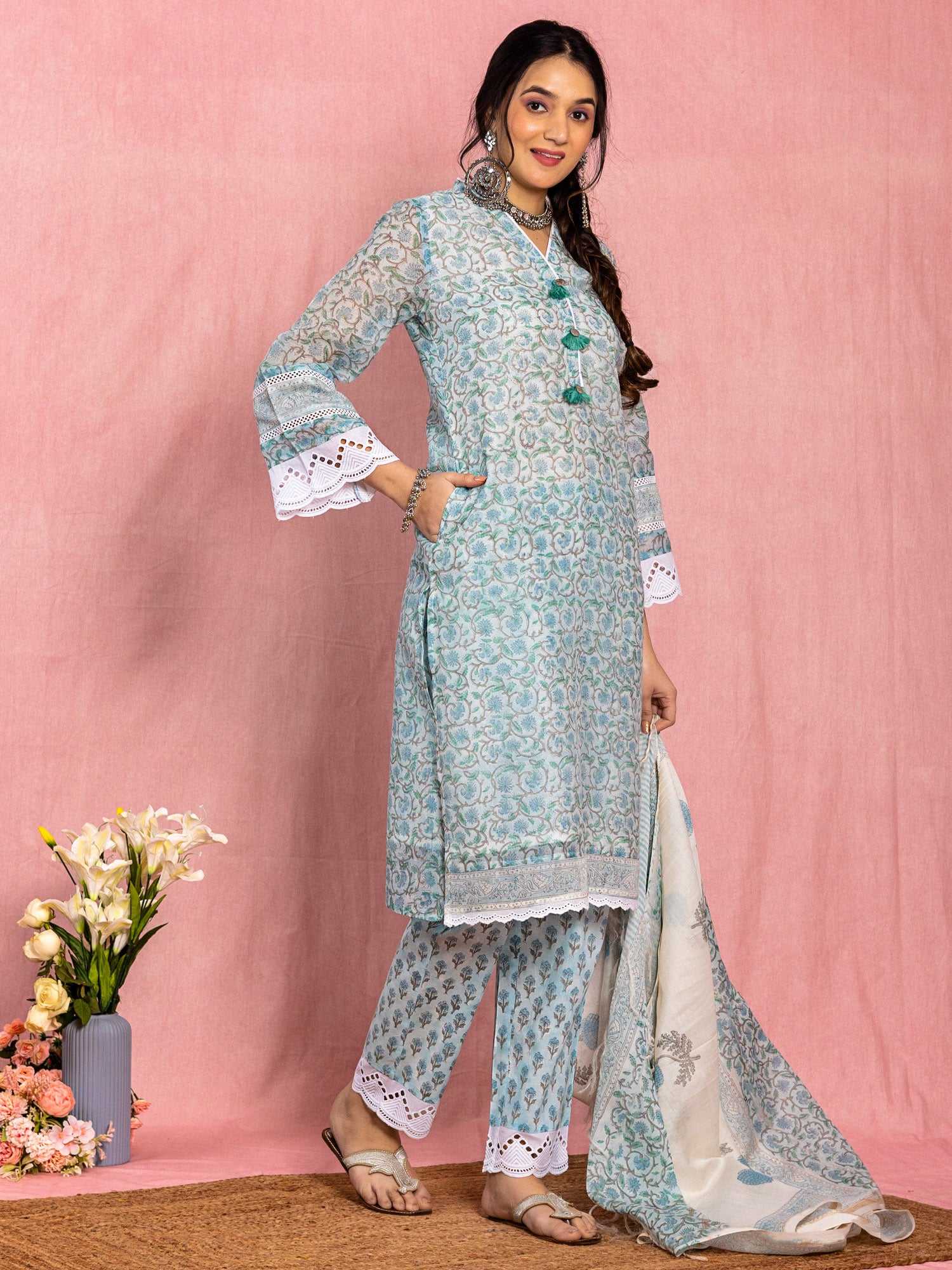 Blue Chanderi Relaxed Fit A-Line Floral Printed Kurta Set