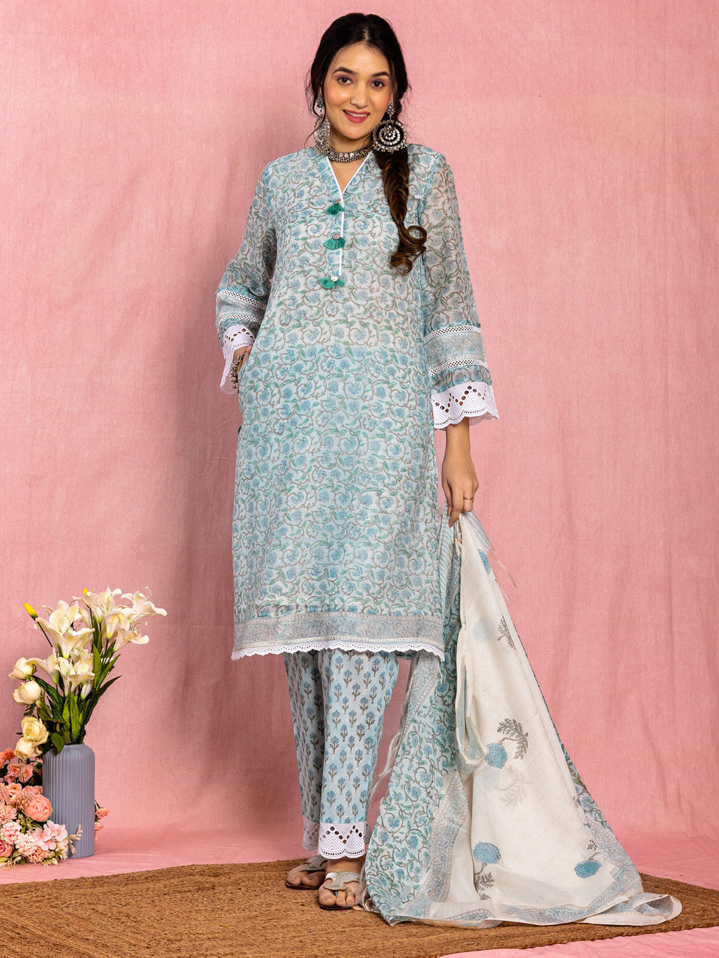 Blue Chanderi Relaxed Fit A-Line Floral Printed Kurta Set