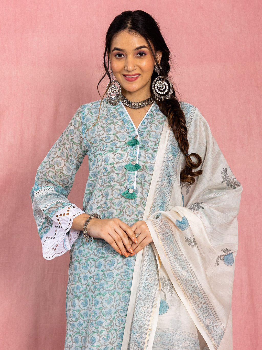 Blue Chanderi Relaxed Fit A-Line Floral Printed Kurta Set