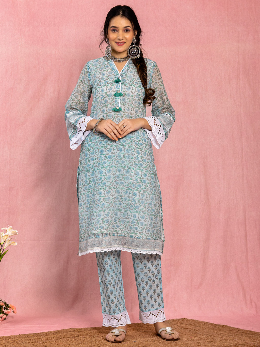 Blue Chanderi Relaxed Fit A-Line Floral Printed Kurta Set