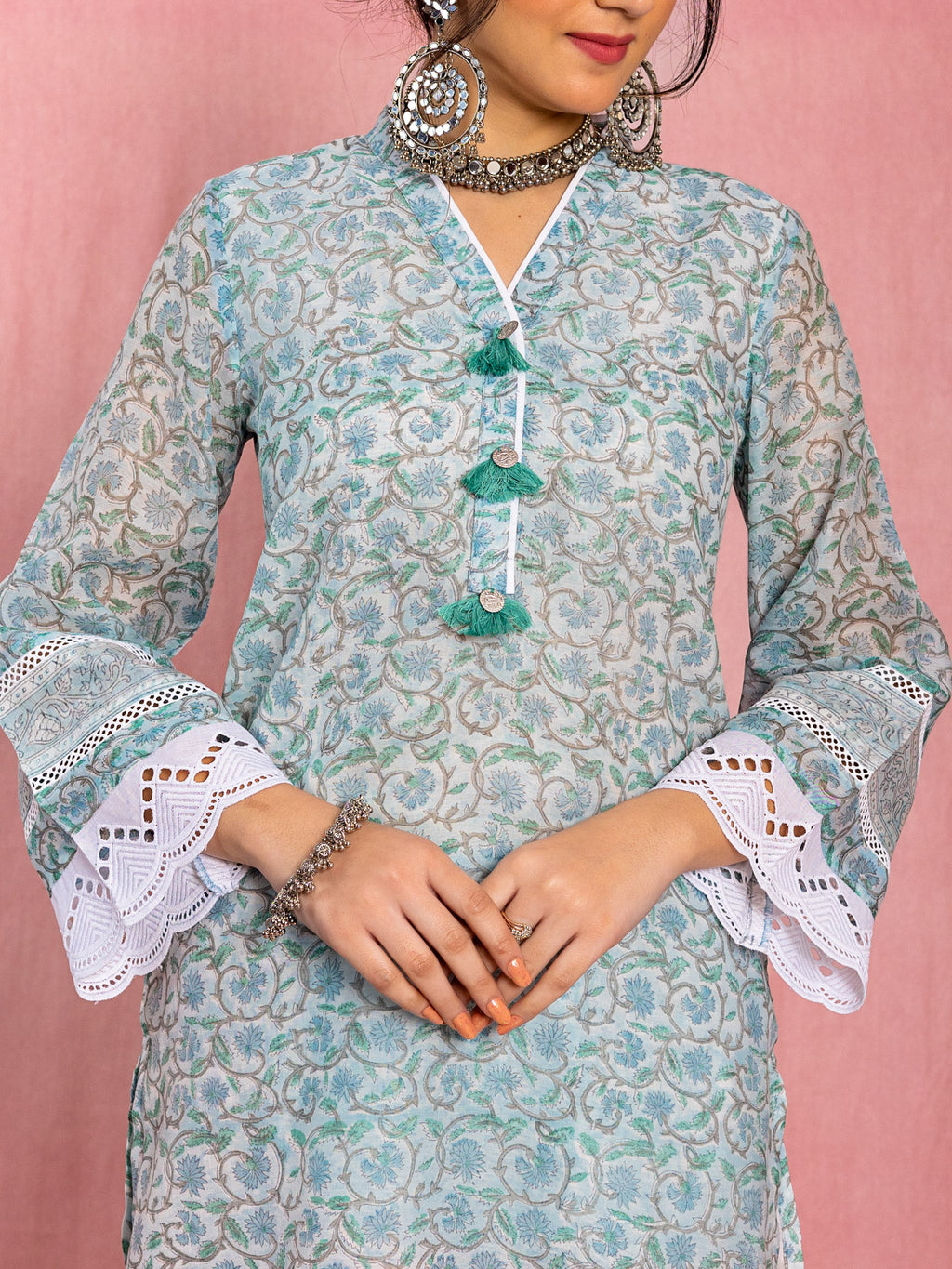 Blue Chanderi Relaxed Fit A-Line Floral Printed Kurta Set