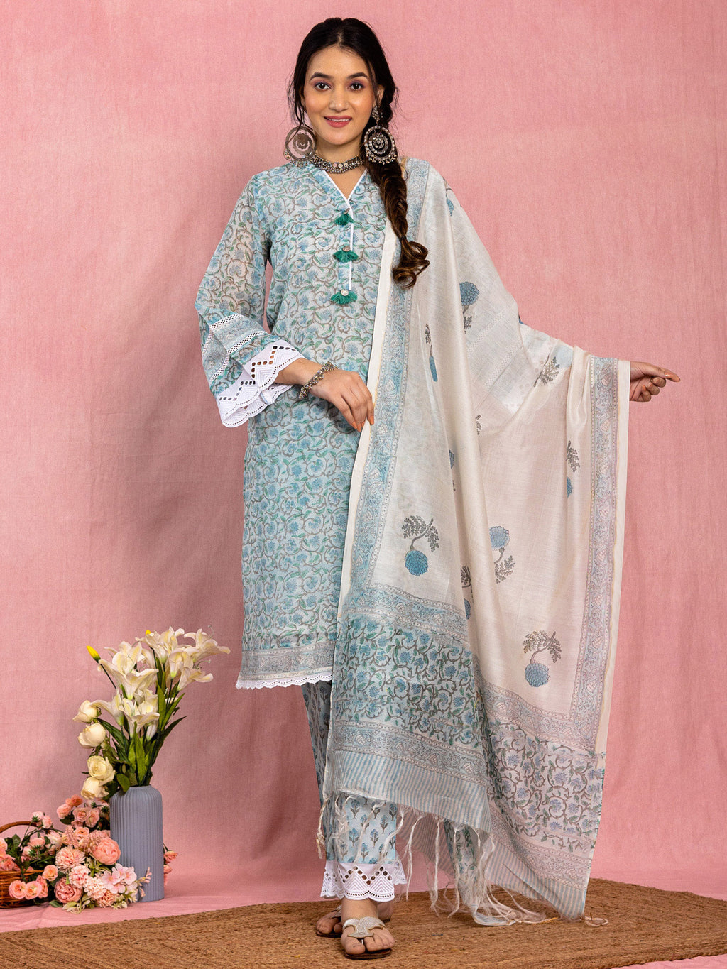 Blue Chanderi Relaxed Fit A-Line Floral Printed Kurta Set