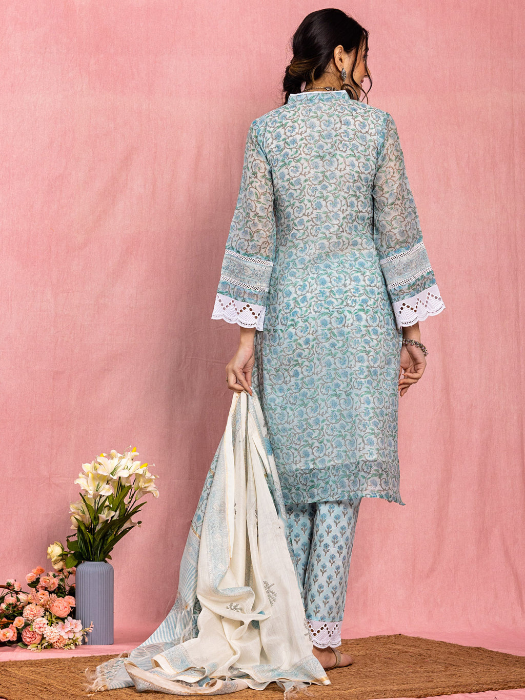 Blue Chanderi Relaxed Fit A-Line Floral Printed Kurta Set