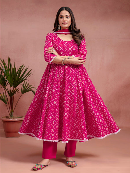 Pink Cotton Flared Printed Kurta Set