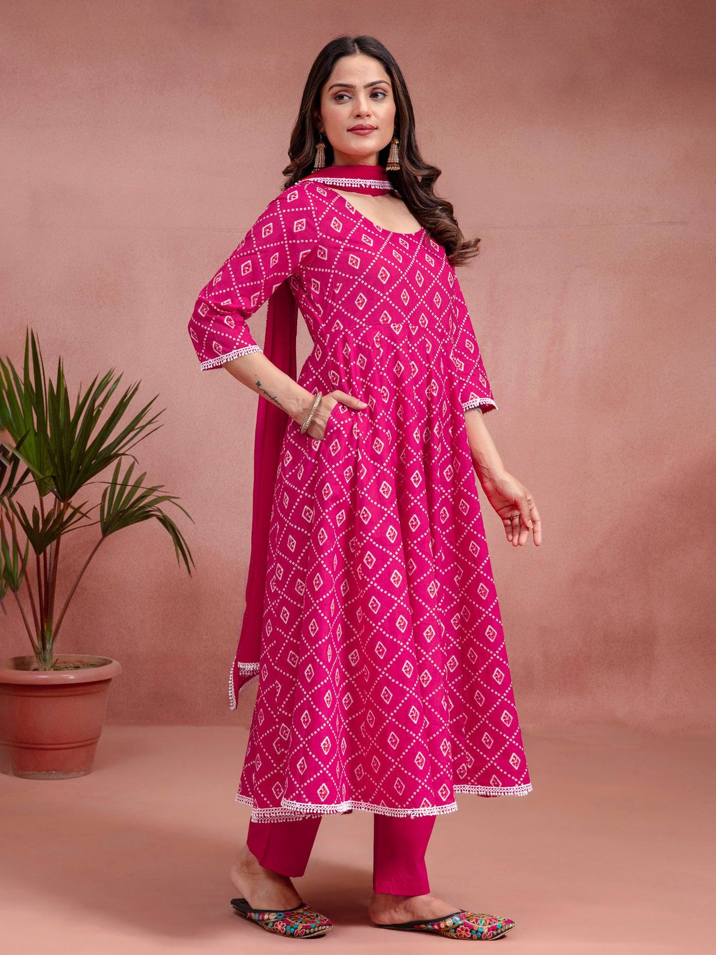 Pink Cotton Flared Printed Kurta Set