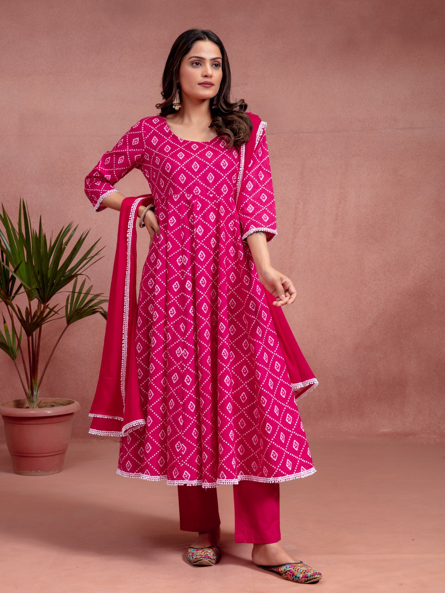 Pink Cotton Flared Printed Kurta Set