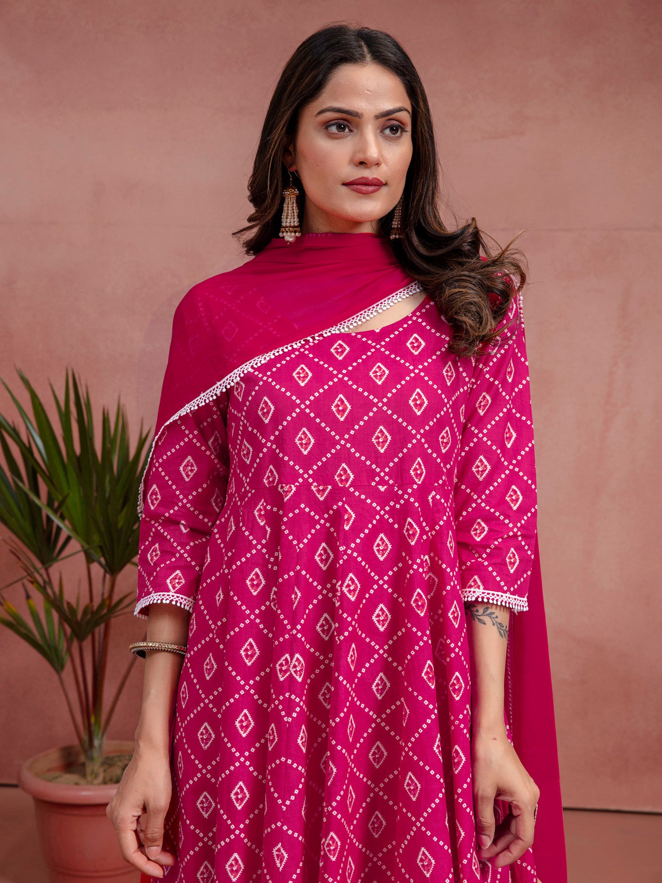 Pink Cotton Flared Printed Kurta Set