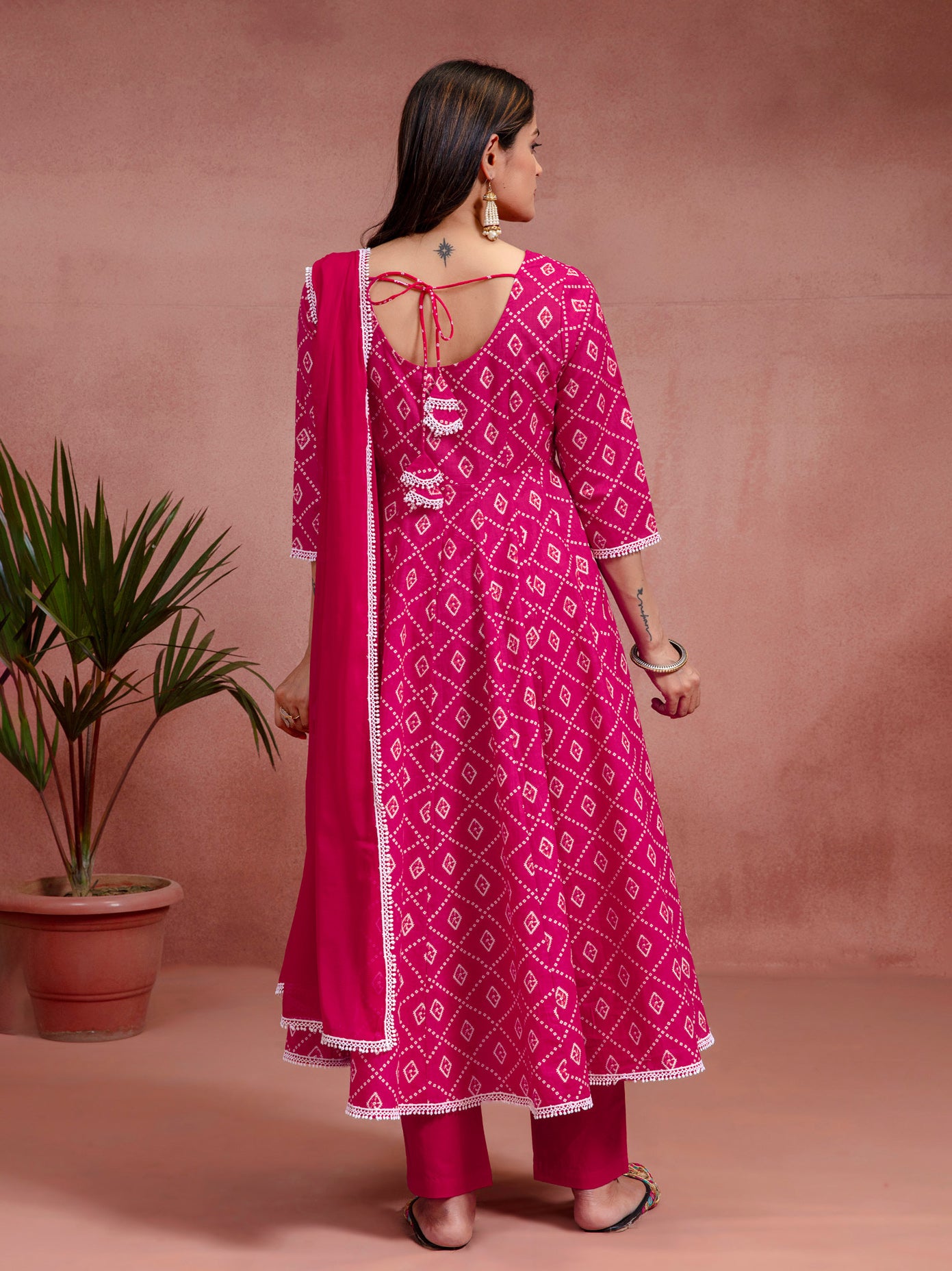 Pink Cotton Flared Printed Kurta Set