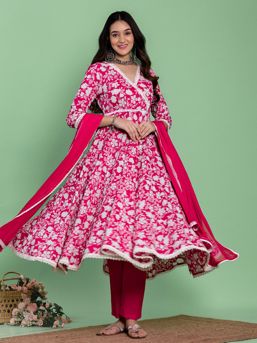 Pink Cotton Flared Floral Printed Angrakha Kurta Set