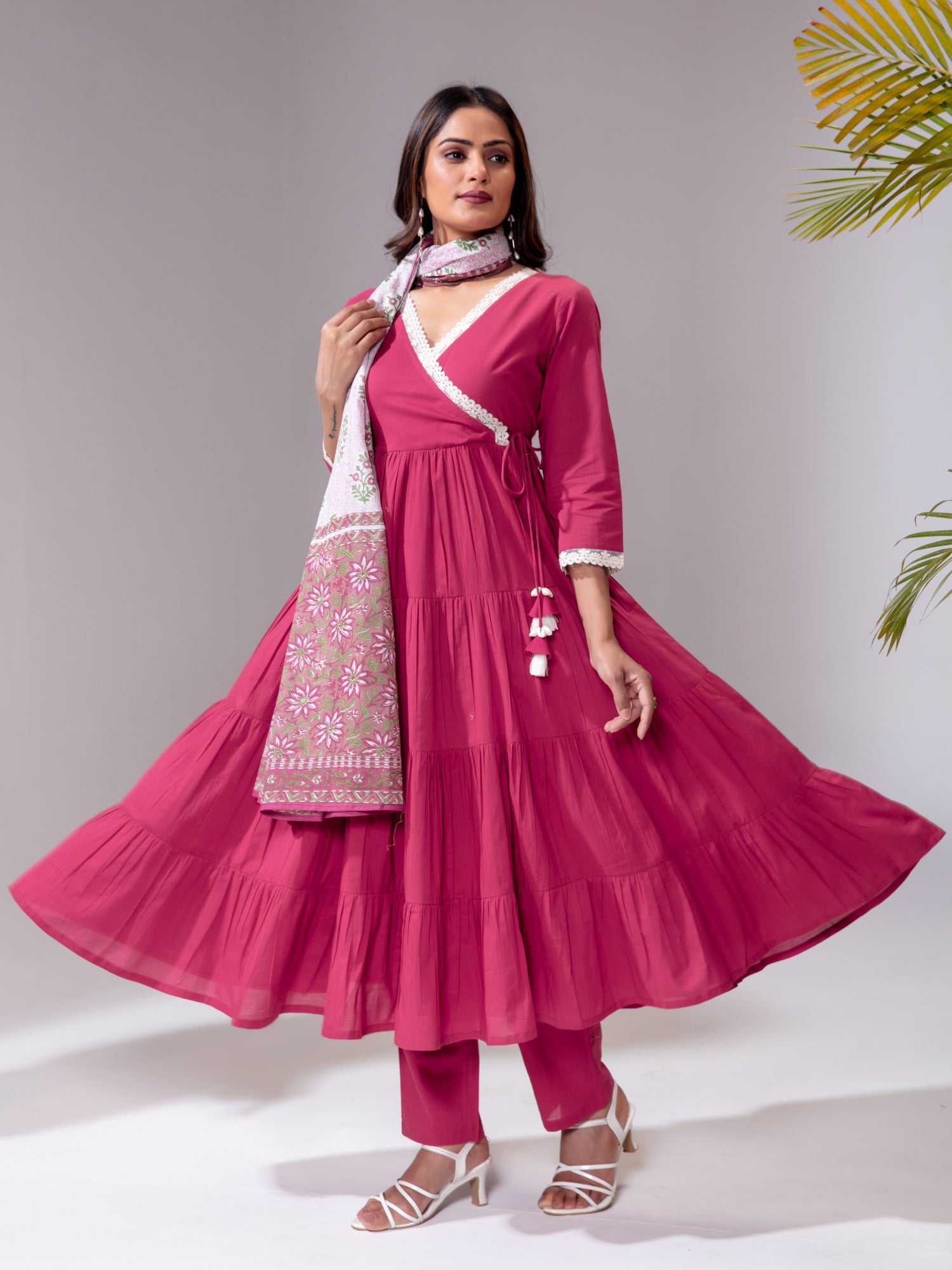Pink Cotton Flared Angrakha Kurta Set With Printed Dupatta