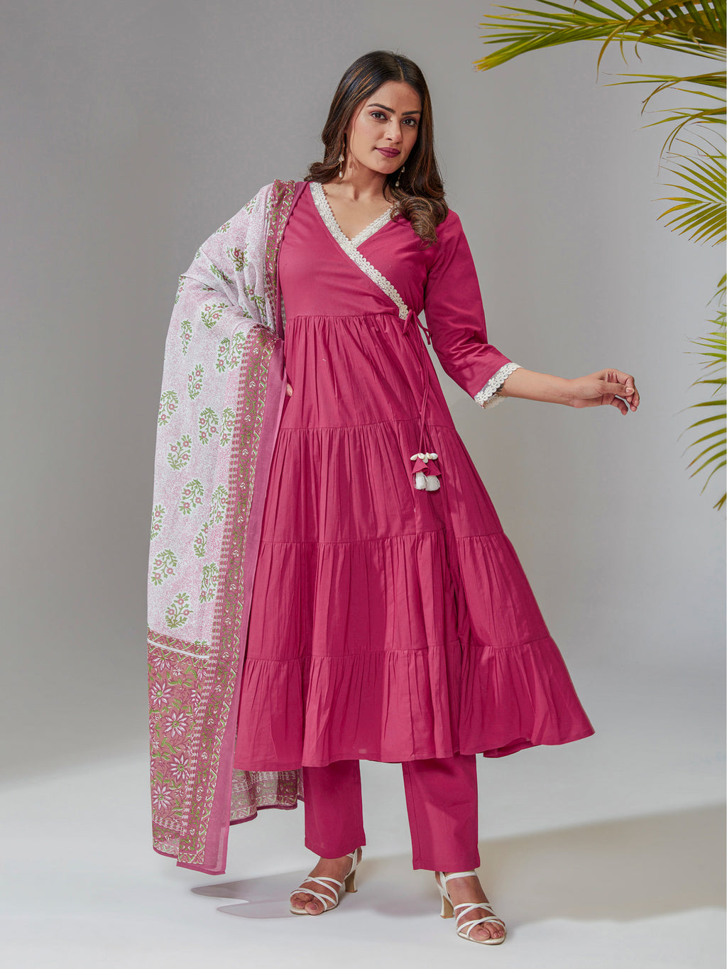 Pink Cotton Flared Angrakha Kurta Set With Printed Dupatta