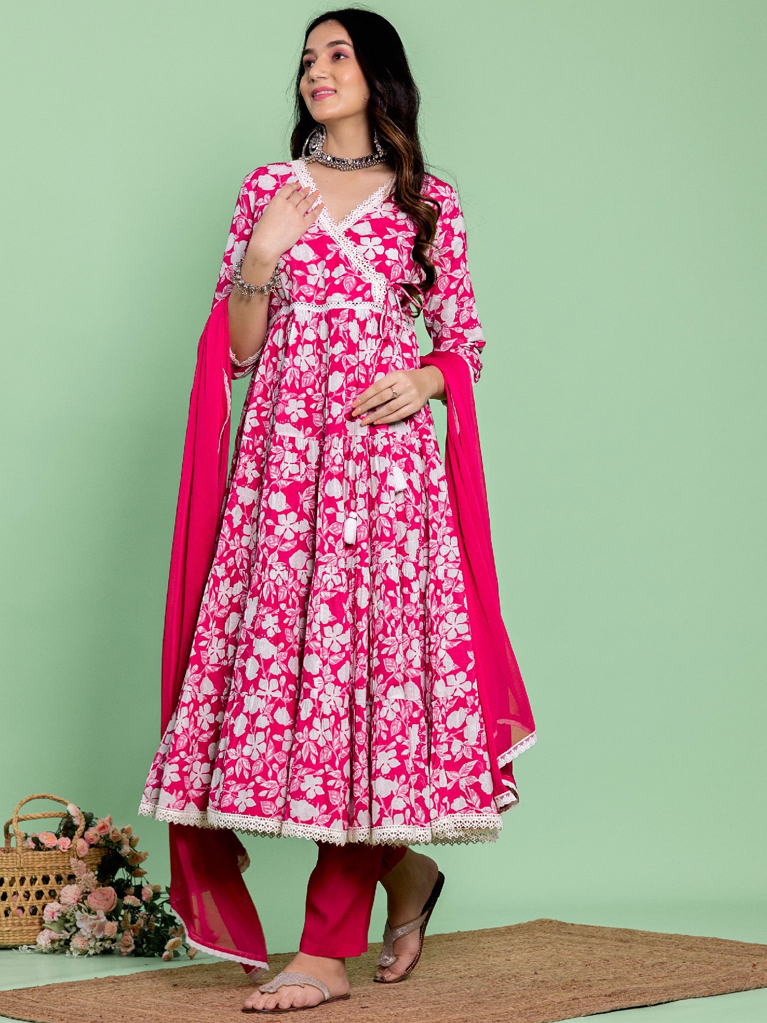 Pink Cotton Flared Floral Printed Angrakha Kurta Set