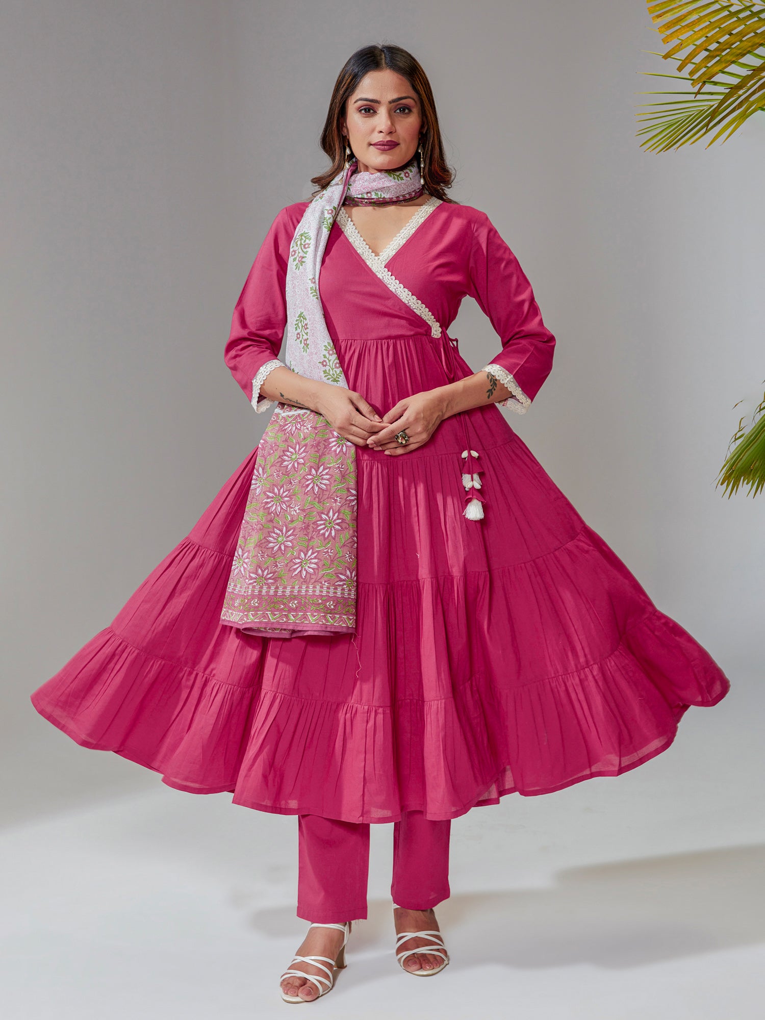 Pink Cotton Flared Angrakha Kurta Set With Printed Dupatta